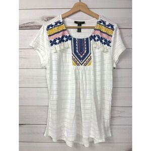 Style Co Embroidered Tassel Tunic Top White‎ Cotton Blend Size L